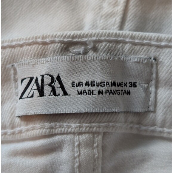 ZARA White Straight Leg Jeans Size 14 High Waist Raw Hem Cropped Stretch Y2K - Picture 5 of 7